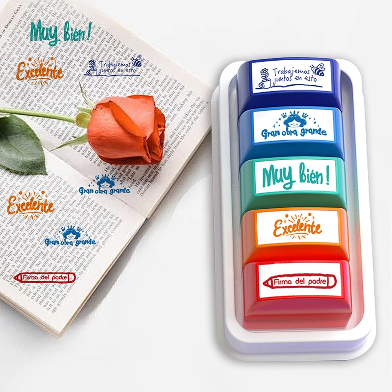 5/8Pcs Parent Signature Teacher Auto-Refilling Stamp Set Homework Teacher Supplies With Storage Tray Graded Classroom Stamps