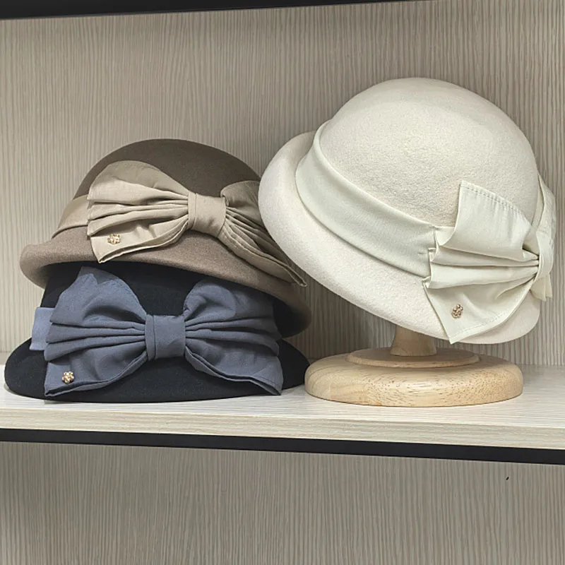 Women Wool Felt Cloche Hat Roll Up Brim Winter Hat Bucket Bowler Hat Winter Vintage Big Bow Fedoras Church Derby Fascinator Hat