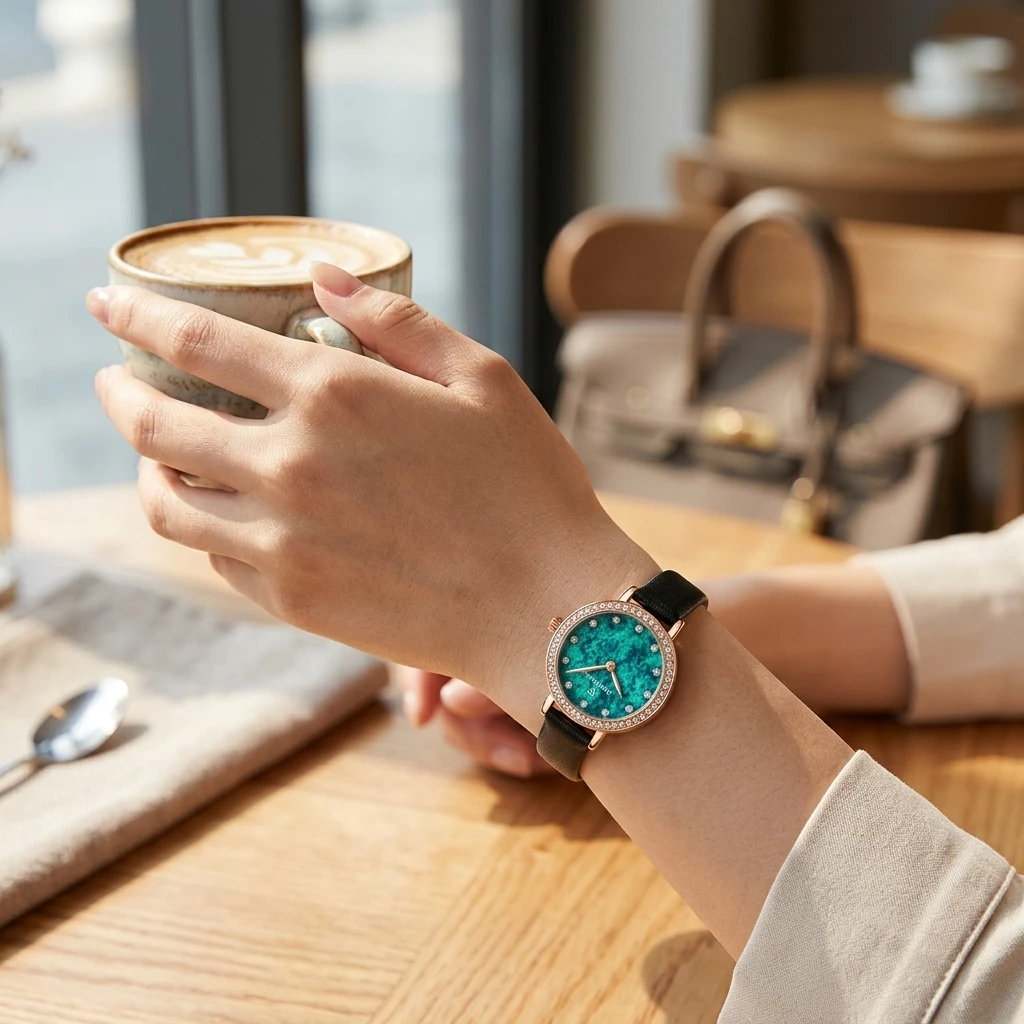 Mark Fairwhale Ladies Quartz Watch Round Natural Texture Dial Rhinestone Bezel Mesh Metal Strap Elegant Female Wristwatch