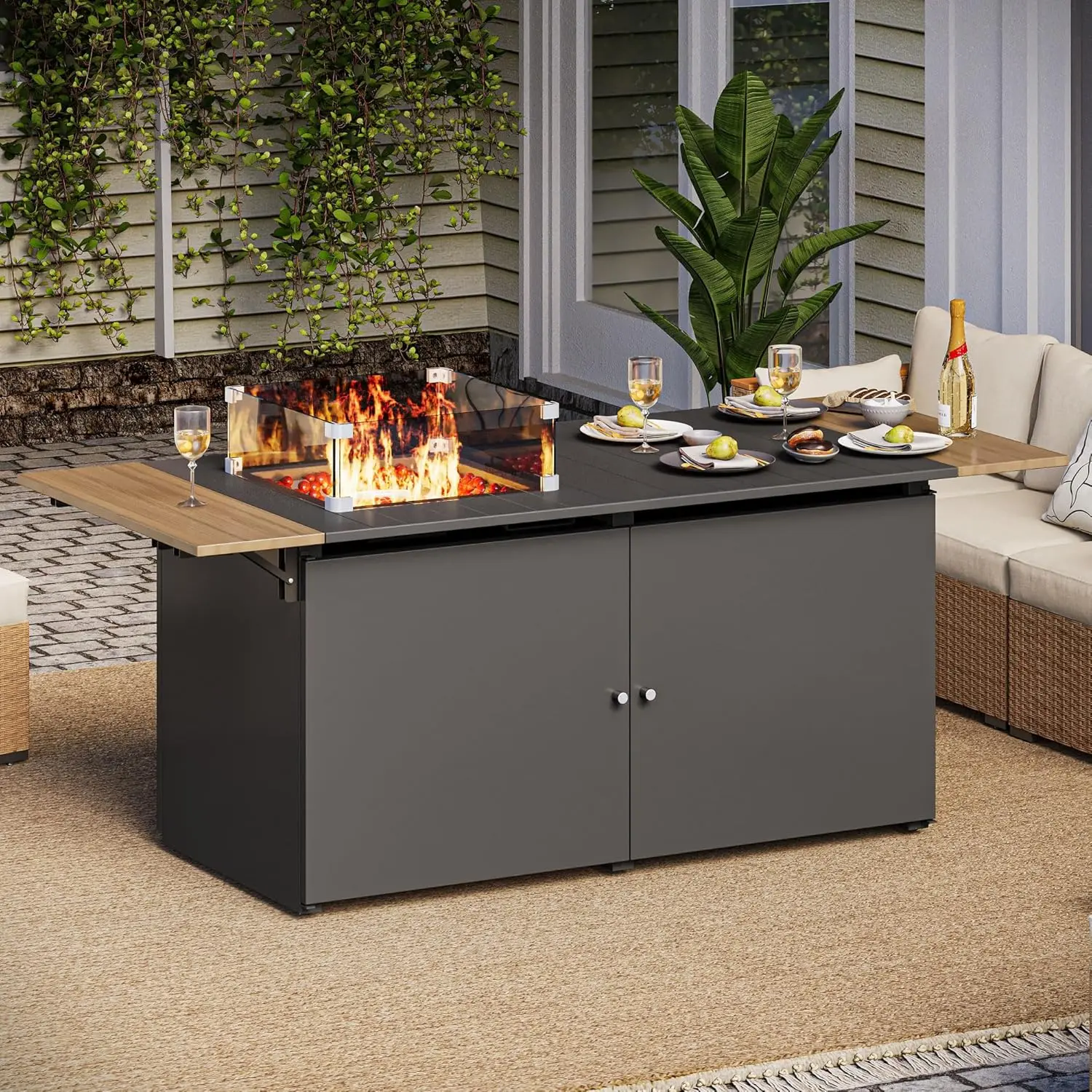 

64" Gas Fire Pit Table for Outside Patio, 55,000 BTU Propane Firepit with Expandable Tabletop & Wind Guard
