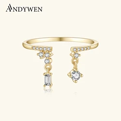 ANDYWEN 925 Sterling Silver Rectangle Round Zircon CZ Inlay Adjustable Open Ring Charm Women Luxury Party Gift Fine Jewelry