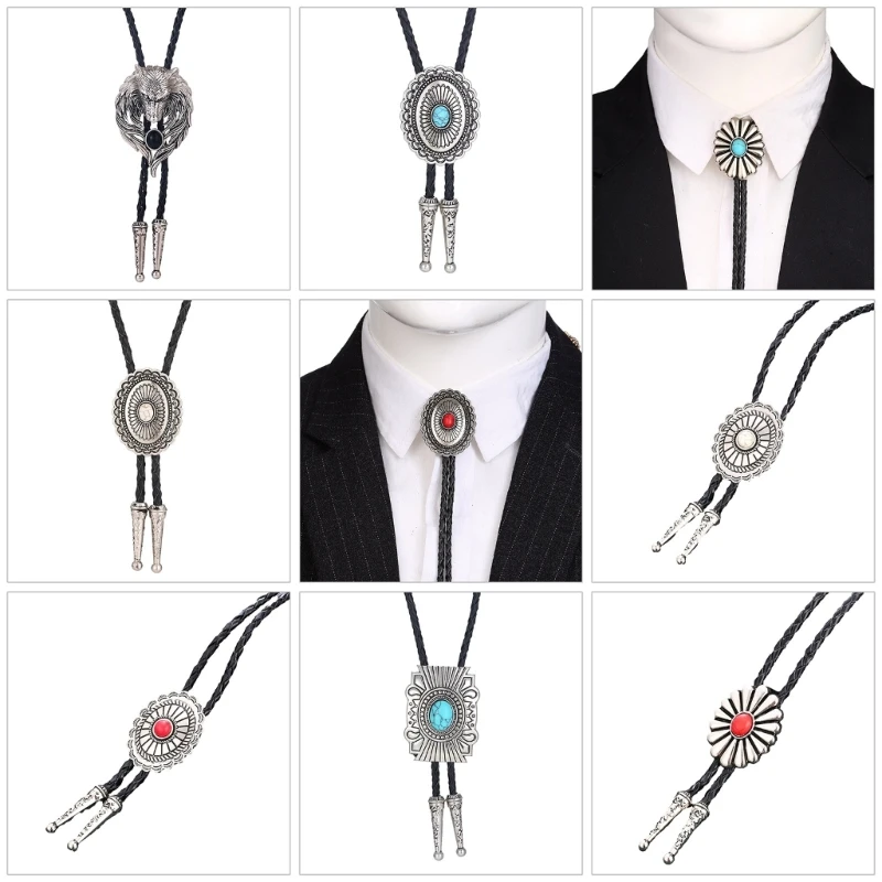 

Mens Western Bolo Tie Necktie Necklace with Metal Wolf Head Stone Cowboy Pendant N58F