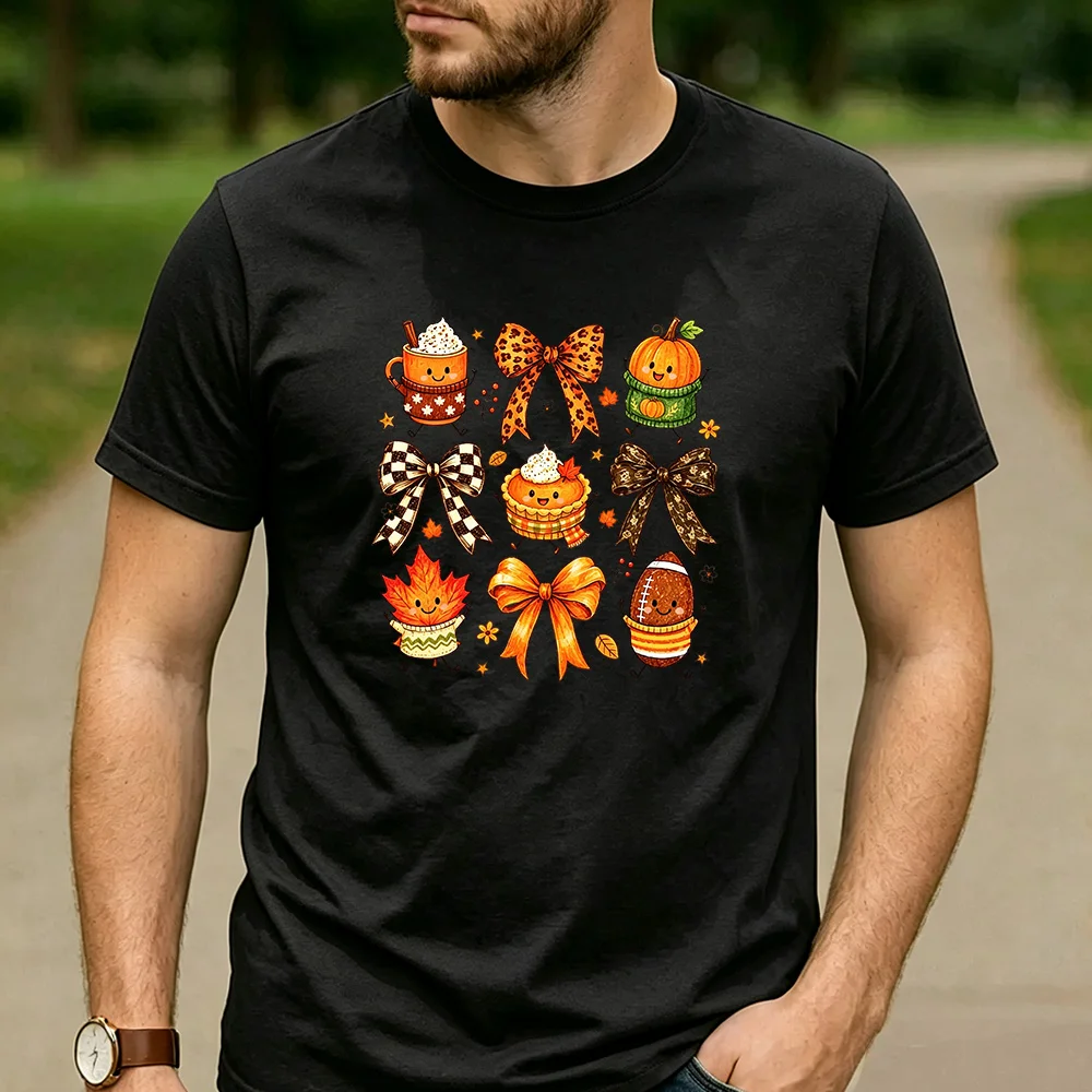Vintage Fall Coquette Bow Pumpkin Latte Pie Football Maple Leaf Graphic T Shirt Unisex Cotton Short Sleeve Cute Casual Tee