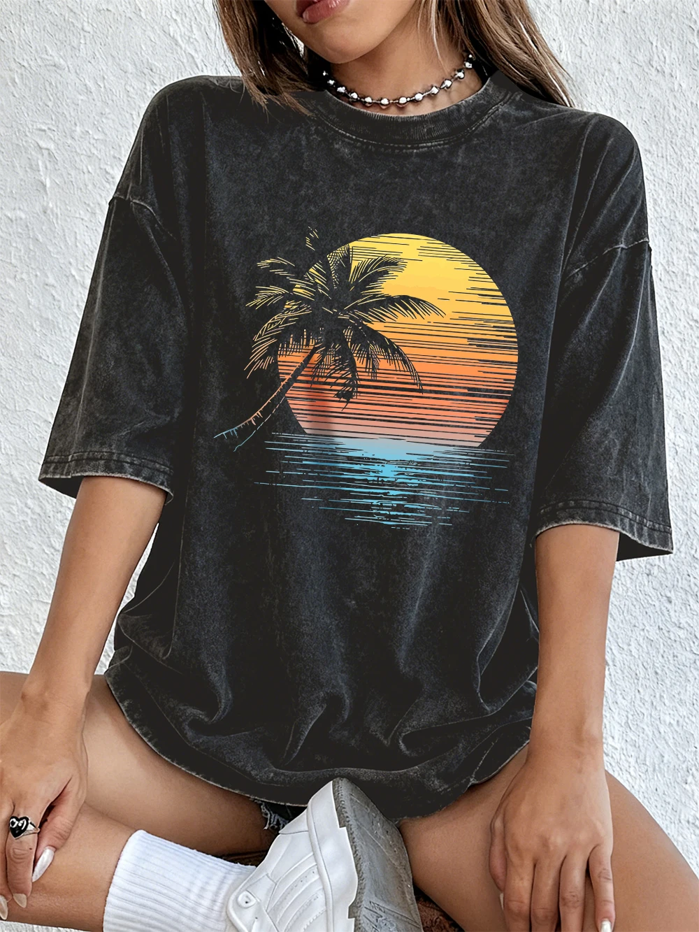 Sunset Coconut Tree Scene Cotton Washed T-Shirts Womens Summer Oversized Tops O-Neck Soft Comfortable Tees Street Woman Clothes