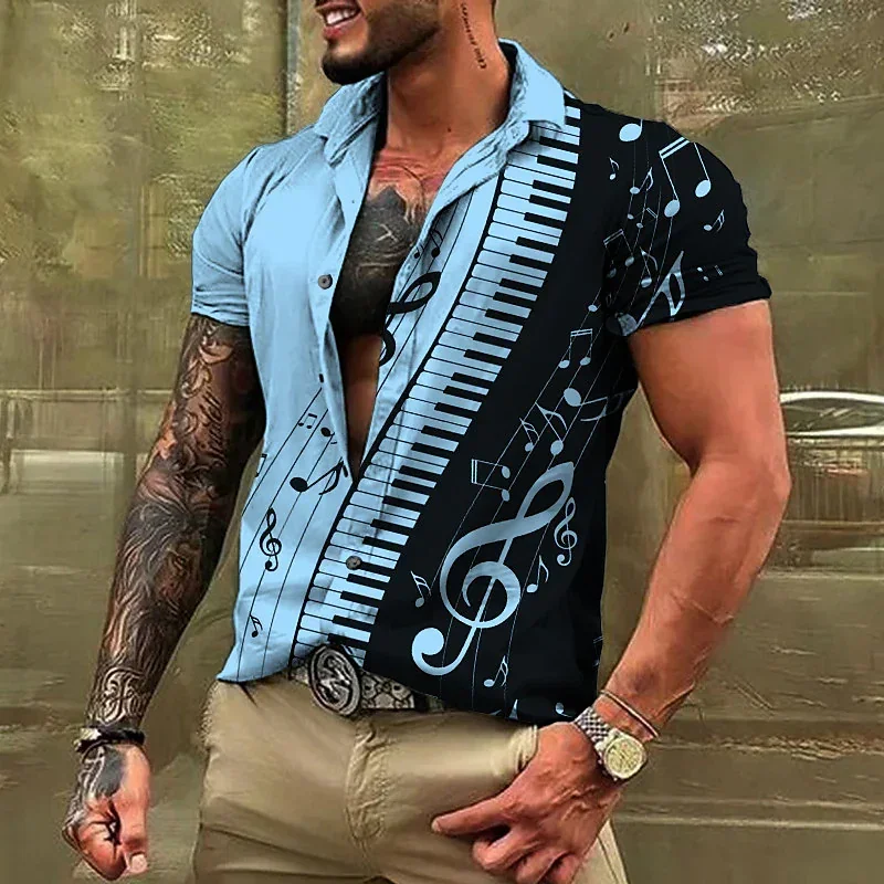 New Fashion Men\'s Shirt Summer 3d Guitars Print Music Shirts Casual Lapel Dirty style Men Clothing Oversized Loose Male Tops 4XL