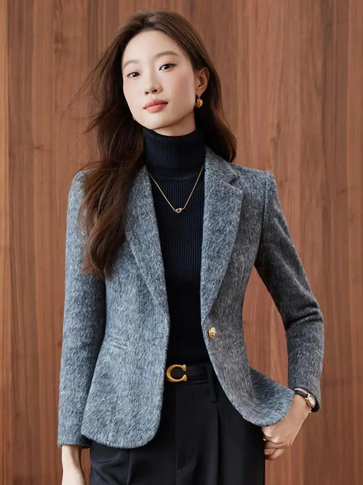 

Vintage Women Grey Elegant Long Sleeved Woolen Blazer Coat Autumn Winter Versatile Single Button Festival Tops 2025 Simplicity