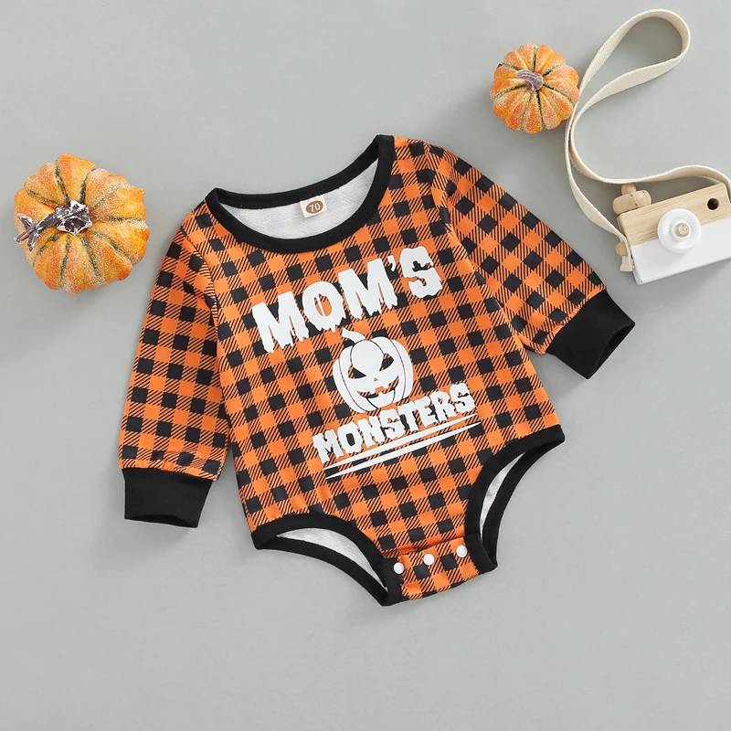 Toddler Halloween Ghost Print Long Sleeve Crew Neck Bottom Snap Romper Jumpsuit with Ruffle Detail and Pumpkin Patch Appliqué