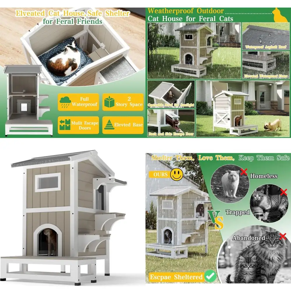

Weatherproof Outdoor Cat Shelter for 1-2 Cats or Small Animals, Wooden House (29.7 D x 22.8 W x 35.4 H)