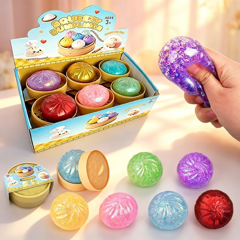 

New Hot Giant Glitter Dumpling Squishies With Bamboo Steamer Blind Box Stress Relief Squeeze Toy For Adults Kids Creative Gifts