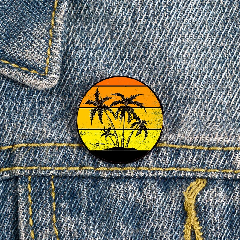 Synthwave Sun Palm Trees Printed Pin Custom Funny Brooches Shirt Lapel Bag Cute Badge Cute Jewelry Gift for Lover Girl Friends