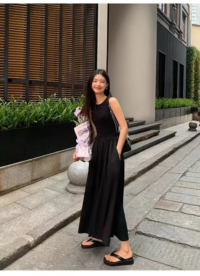 Vestido midi negro estilo vintage para mujer, escote redondo, casual de oficina con bolsillos 6