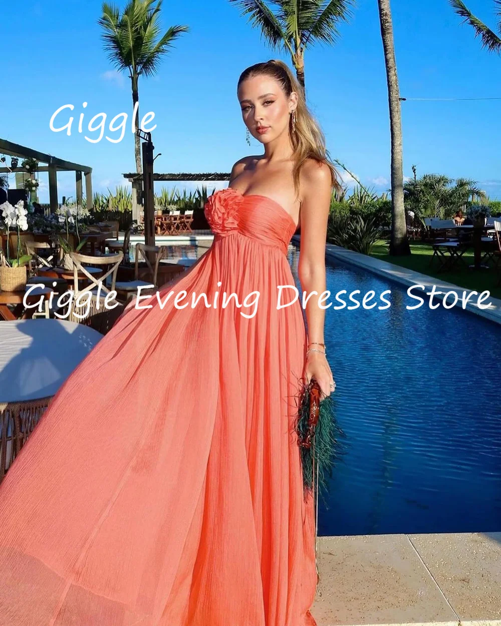 Giggle Chiffon A-line Strapless Ruffle Formal Elegant Prom Gown Floor Length luxury Evening Pretty Party Dresses for Women 2023