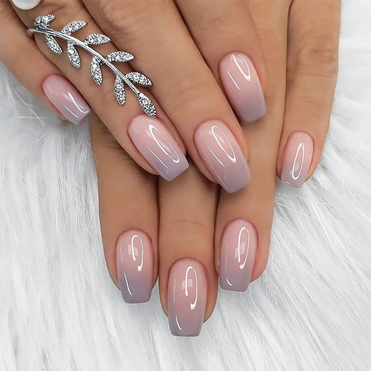Medium fake nails for women girls Gradient nude grey nails tips ballet shape Minimalist design full cover press on false nails