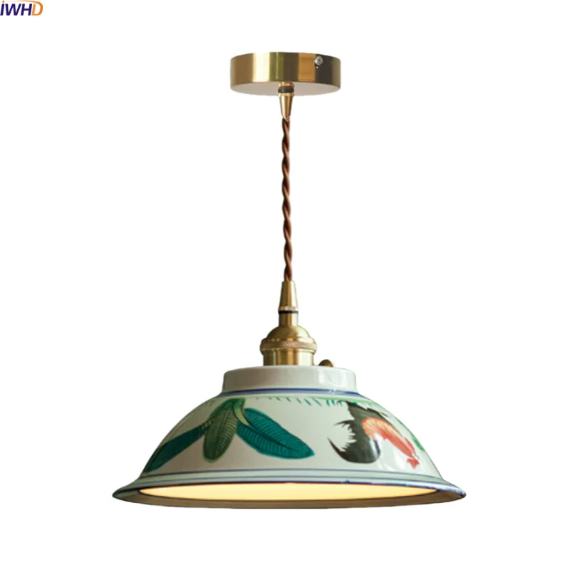

IWHD Vintage Ceramic LED Pendant Lamp Living Dining Room Table E27 Gold Brass Interior Hanging Lights Retro Lustres De Plafond