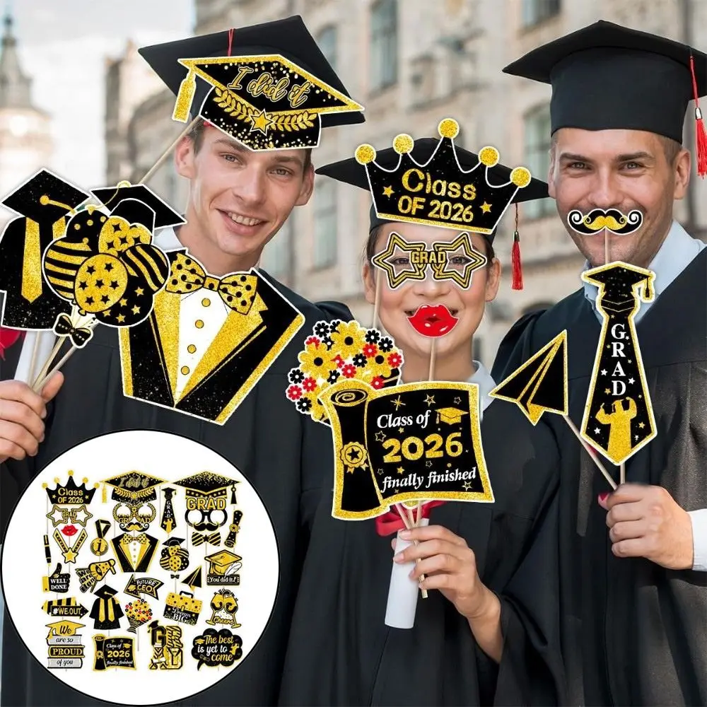 30Pcs/Set Black Golden 2026 Graduation Photo Booth Props With Sticks DIY Dress Up 2026 Graduation Decorations Pose Sign