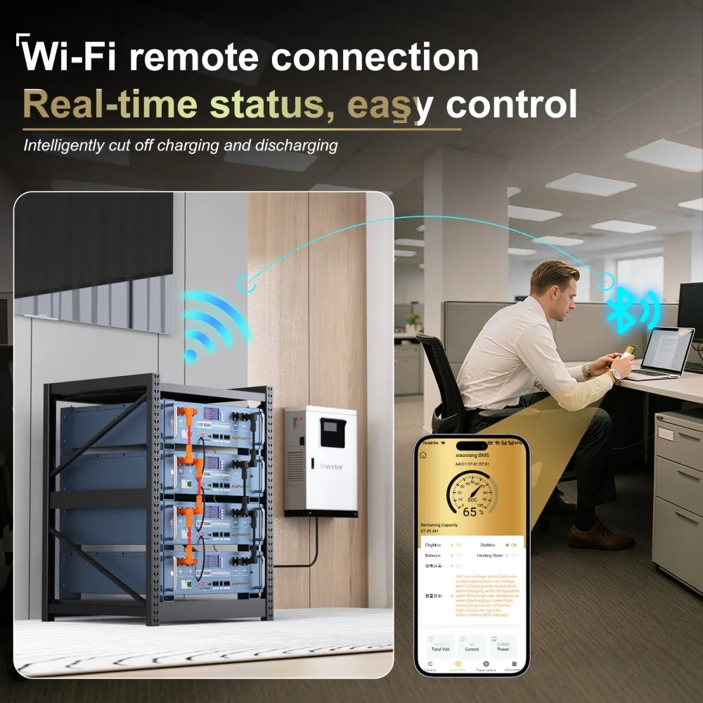 بطارية ليثيوم LiFePO4 48 فولت 100 أمبير في الساعة، جهاز تحكم عن بعد واي فاي 100 أمبير، بلوتوث BMS 8000+ دورات، بحد أقصى. طاقة 5.12 كيلو وات للنظام الشمسي خارج الشبكة
