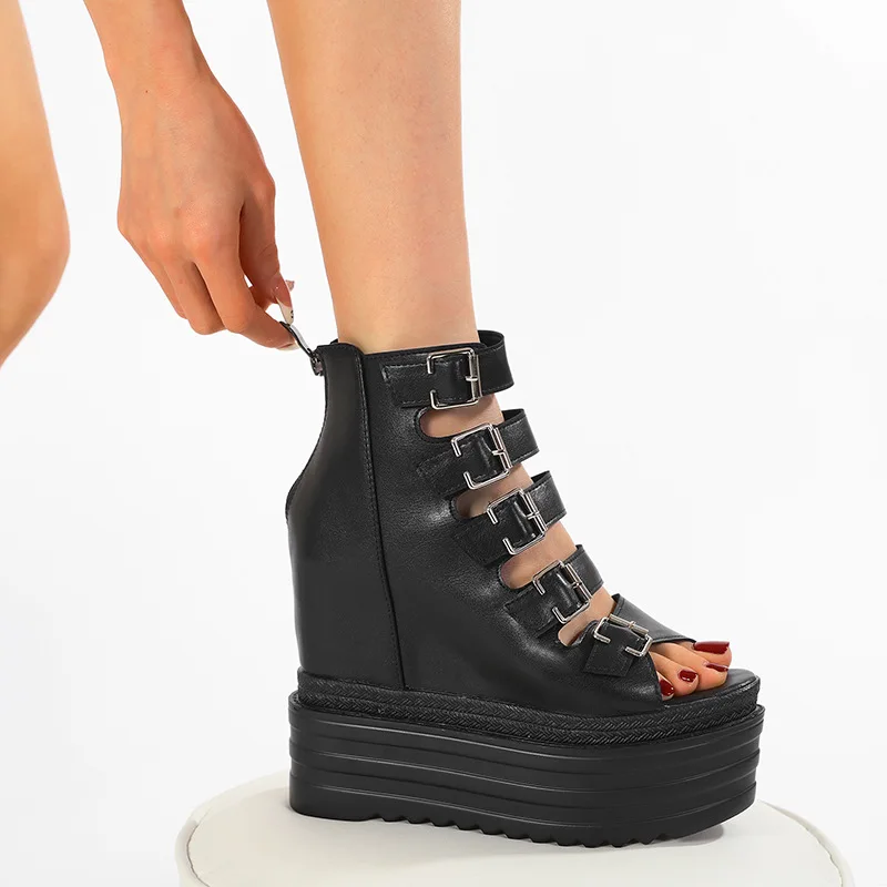 Sandalias de plataforma de suela gruesa para mujer, zapatos de muffin con Boca de pescado hueca de tacón alto de 12,5 cm, estilo coreano, cuñas de aumento, novedad de 2025