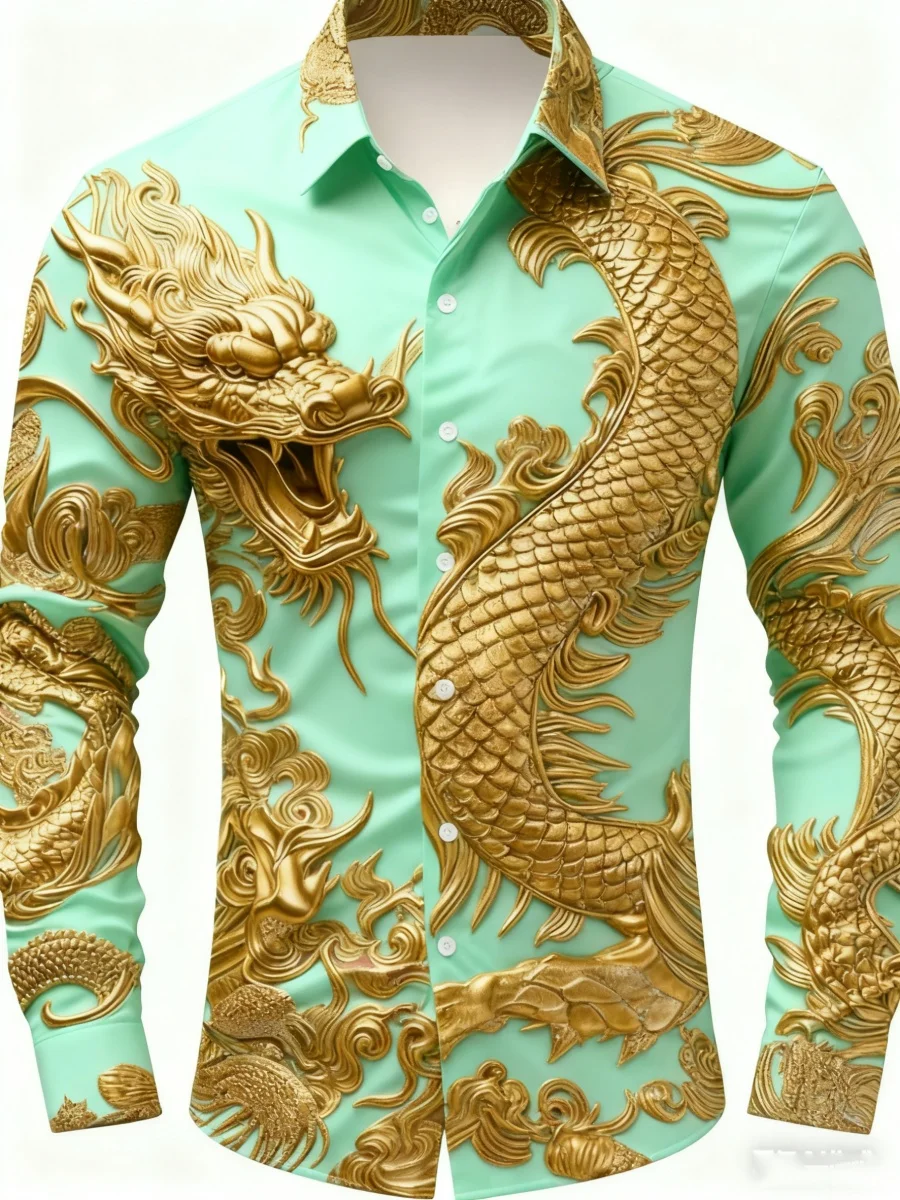 أحدث قميص رجالي عصري بنمط التنين الأسطوري، قميص كاجوال عصري بأزرار سفلية وأكمام طويلة، شحن سريع.