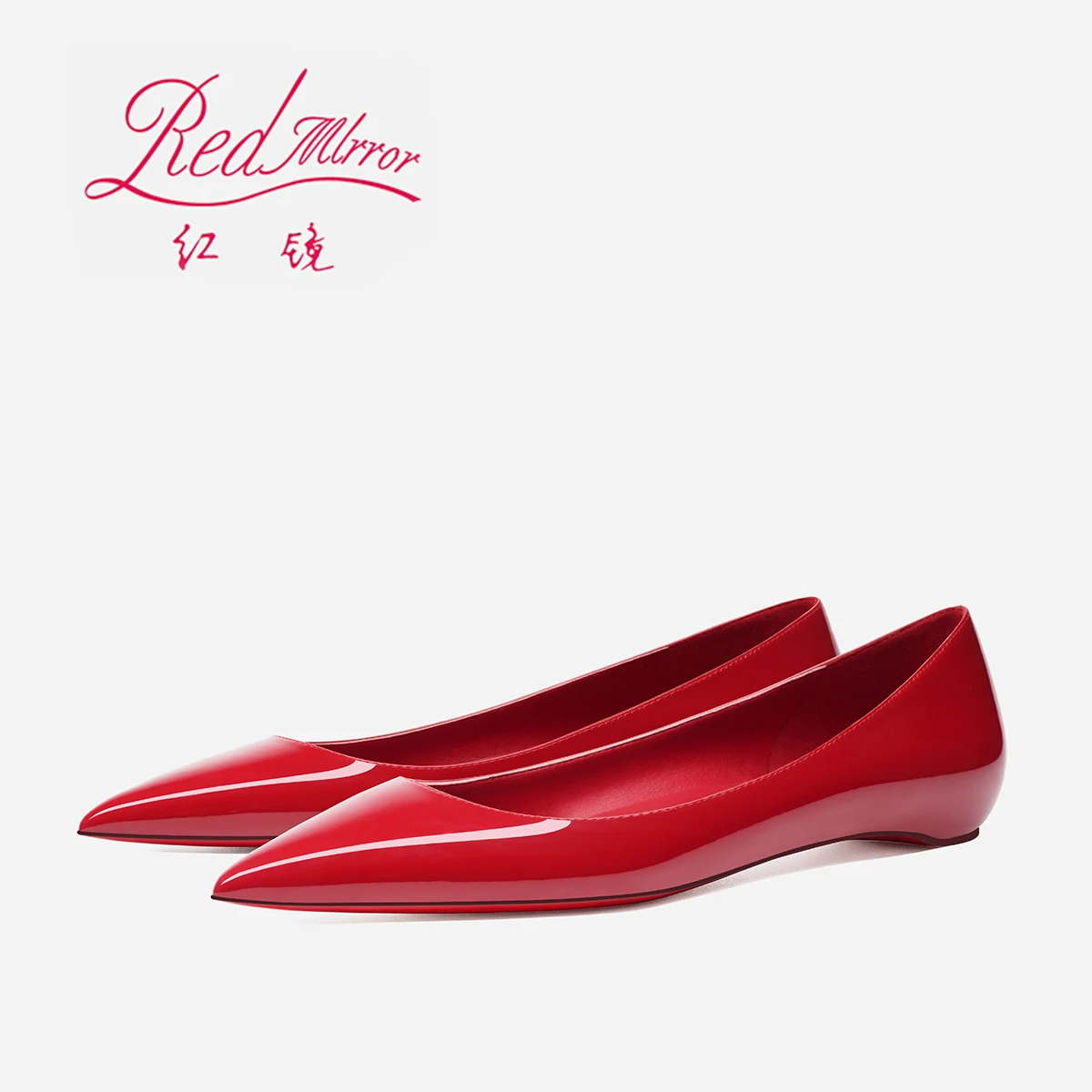 2024 New Style Pointed Bare Red Sole Flat Shoes Single Shoes Women\'s Lacquer Leather Inner Heightening Shallow Mouth Low Heels