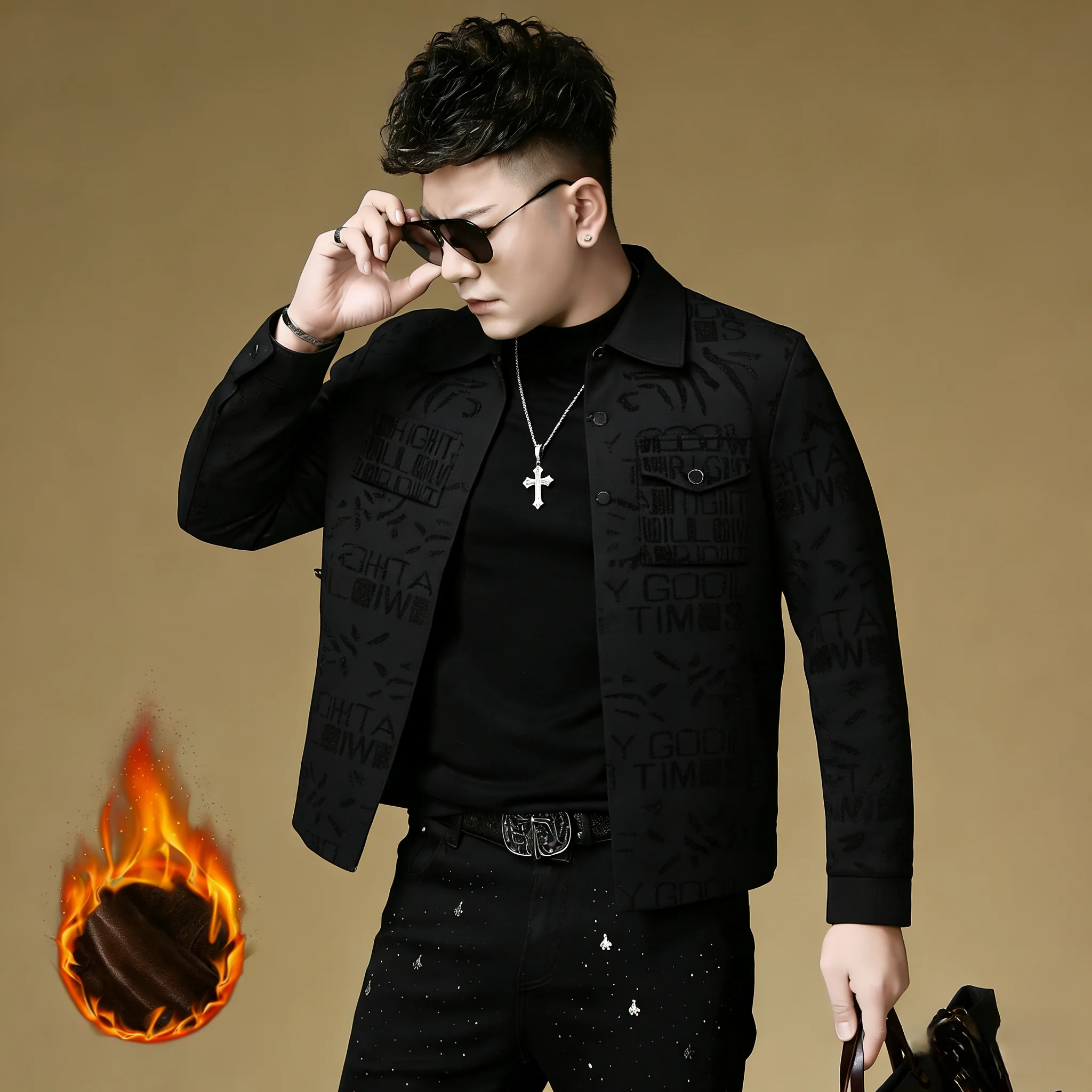 

Thiened Knitted Du down Jaet Men's Winter Warm Stand Collar Knitwear Faionable Bla Workwear Subtle Pattern