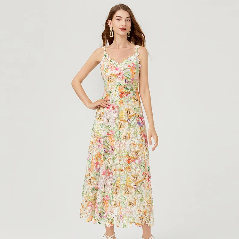 Feminino elegante vestido longo sem encosto estampa floral, decote V, cinta de espaguete, oco fora, feriado, festa, Midi, francês, verão