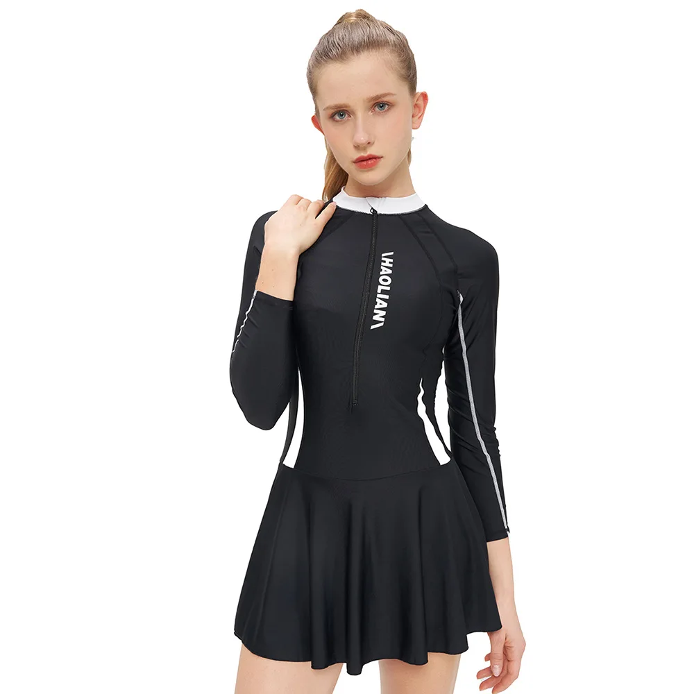 2023 women\'s Wetsuit Long Sleeved Slim And Thin Sunscreen Conservative One-piece Skirt Swimsuit