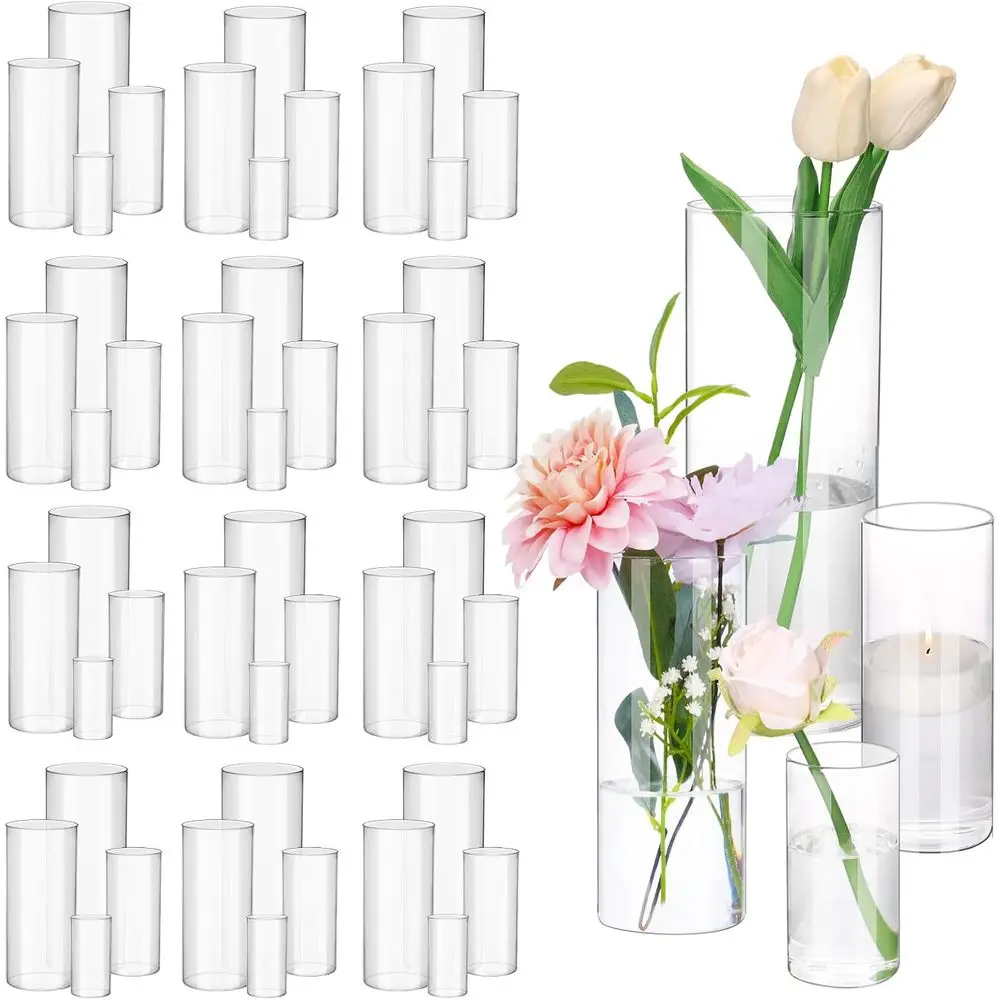 48pcs Clear Glass Cylinder Vases, 4, 6, 8, 10 Inch Tall Cylinder Vases or Centerpieces, Glass lower Vase, loating Candle Holder