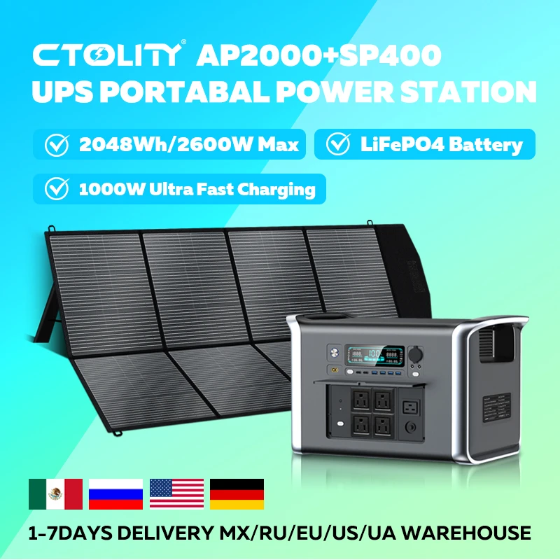 

CTOLITY AP2000 Солнечный генератор 2048 Втч, аккумулятор LFP 2400 Вт и солнечная панель 400 Вт, портативная электростанция, накопитель энергии для кемпинга, автофургона