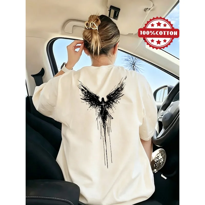 Y2K Fashion Women's T-shirt Wings Cross Angel Print Women's T-shirt Street Retro Harajuku Wind Cotton Unisex