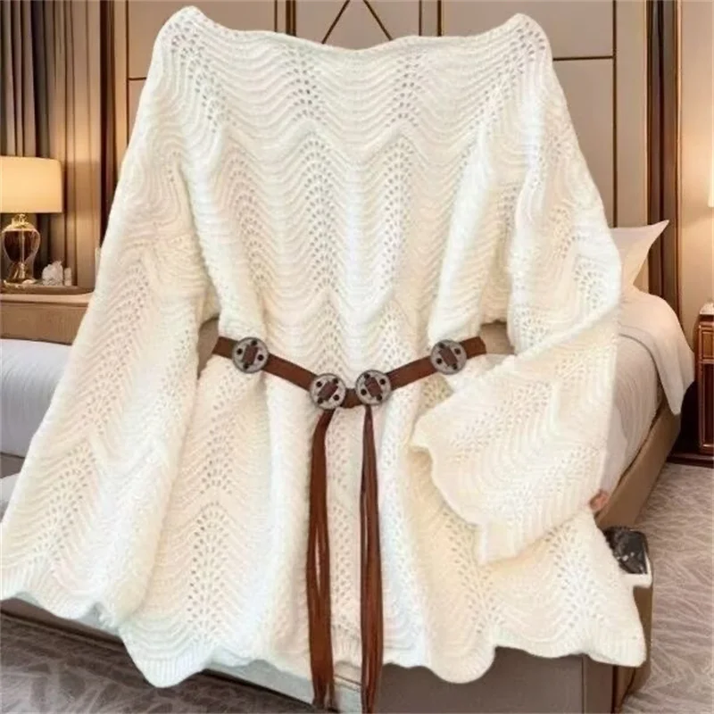 เสื้อสเวตเตอร์ผู้หญิง เสื้อผ้าผู้หญิง ลายฉลุ ลวดลายคลื่น เสื้อสเวตเตอร์ลายฉลุแฟชั่นฤดูใบไม้ผลิสำหรับผู้หญิง ช่วยลดอายุ ทรงเข้ารูป ดูดีมีสไตล์ เสื้อสเวตเตอร์สุดฮิต