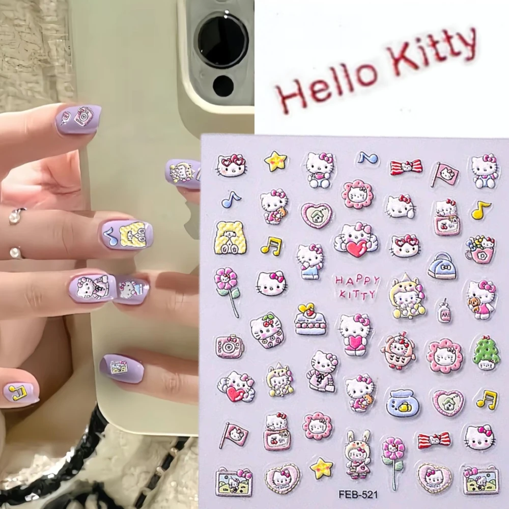 1 sheet HelloKitty Sanrio New 5D Relief Nail Art Stickers Nail Decals for Manicure fashion Design DIY Happy Accessories