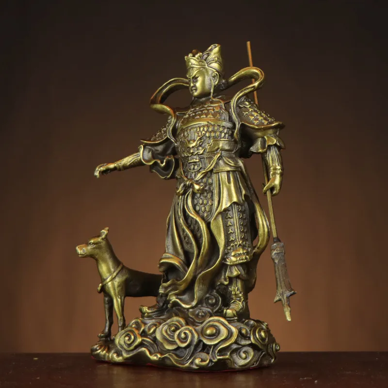 Brass statue of Erlang Shen, featuring the mythical dog Xiatian, use as a decorative piece or for religious offerings. Erlan