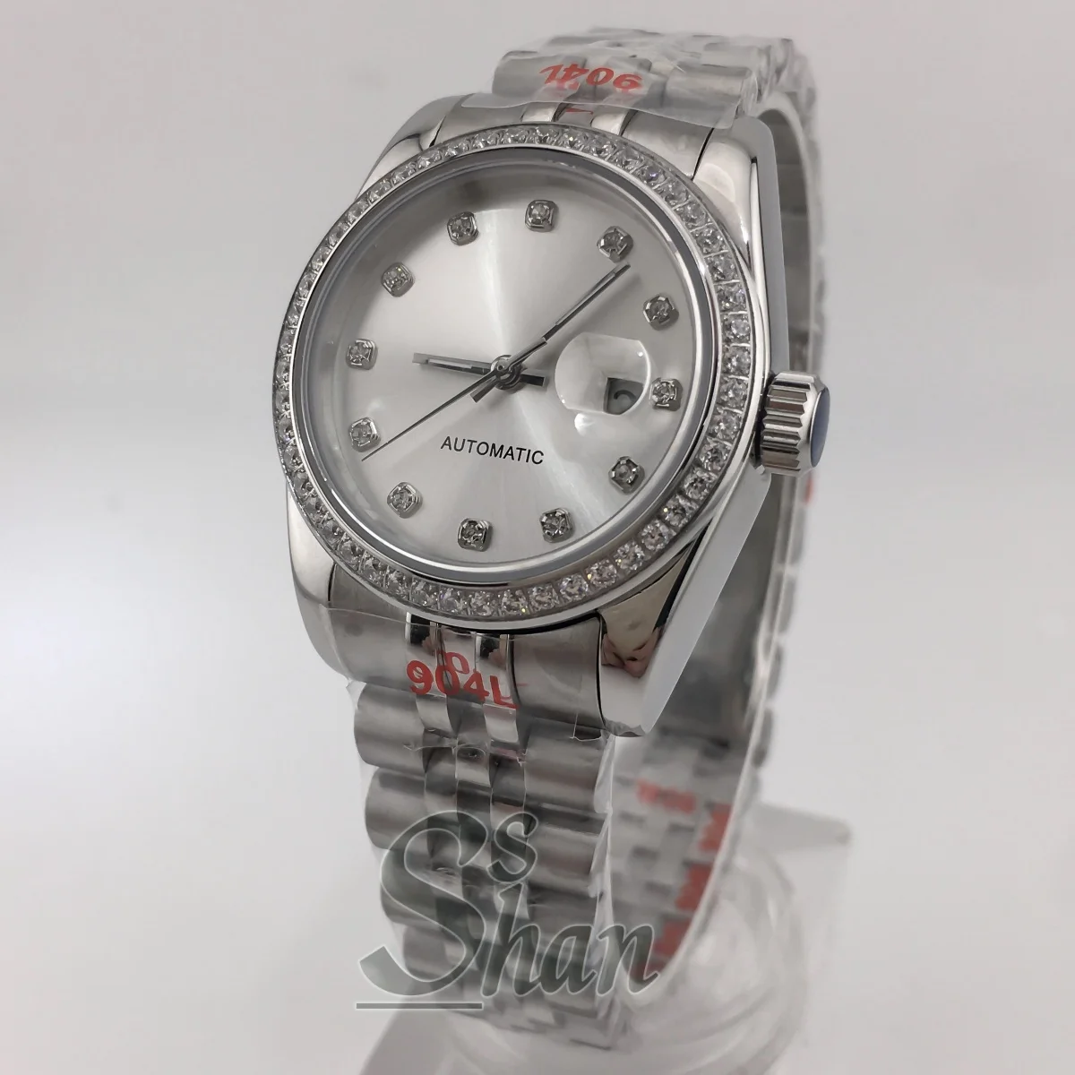 NH05 ファッショナブルな 31mm レディース自動巻き時計、ダイヤモンドベゼルとサファイアクリスタル、日光に晒されたホワイトパール文字盤、防水