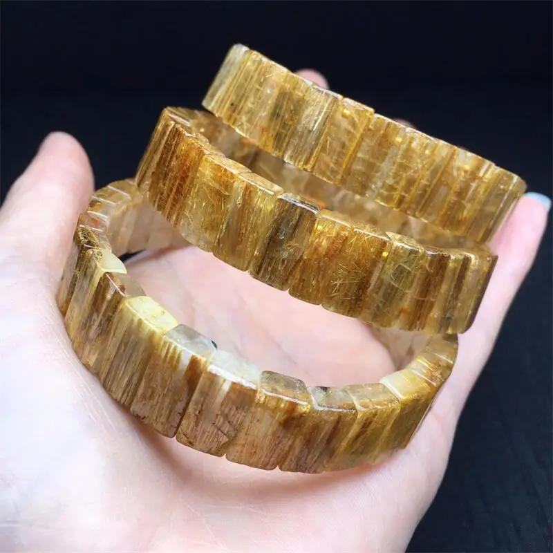 14MM Natural Gold Rutilated Quartz Bangle Fortune Energy Bangle Mineral String Woman Amulet Jewelry Healing Gift 1pcs