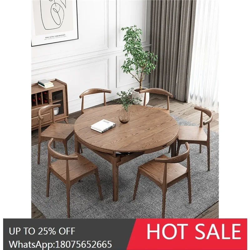 HLZ Modern Minimalist Solid Wood Dining Table Extendable Dining Table Folding Round Dining Table and Chair Set