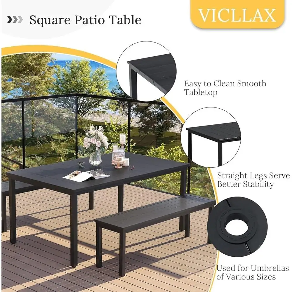 63 인치 직사각형 파티오 식탁 우산 구멍이 있는 금속 야외 테이블 전천후 6인 안정적인 내구성 미끄럼 방지 피트