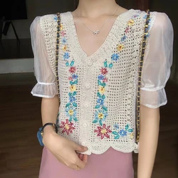 Women Crochet Knit Top with Chiffon Sleeve V-Neck Button Up Embroidery Floral Blouse Cardigan Cottagecore Fairycore Outfit