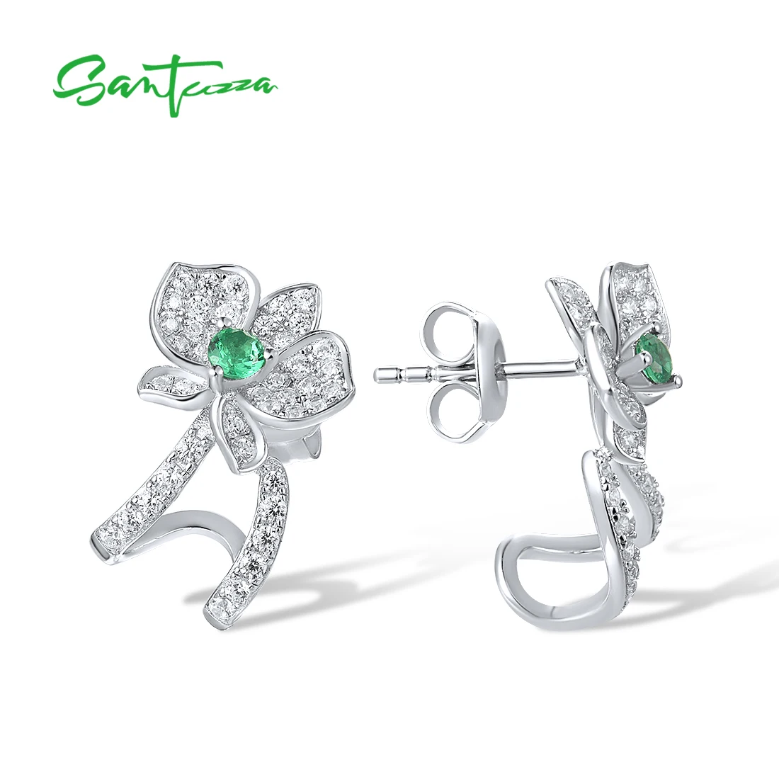 SANTUZZA Real 925 Sterling Silver Stud Earrings For Women Sparkling White CZ Green Spinel Orchid Flower Party Gifts Fine Jewelry