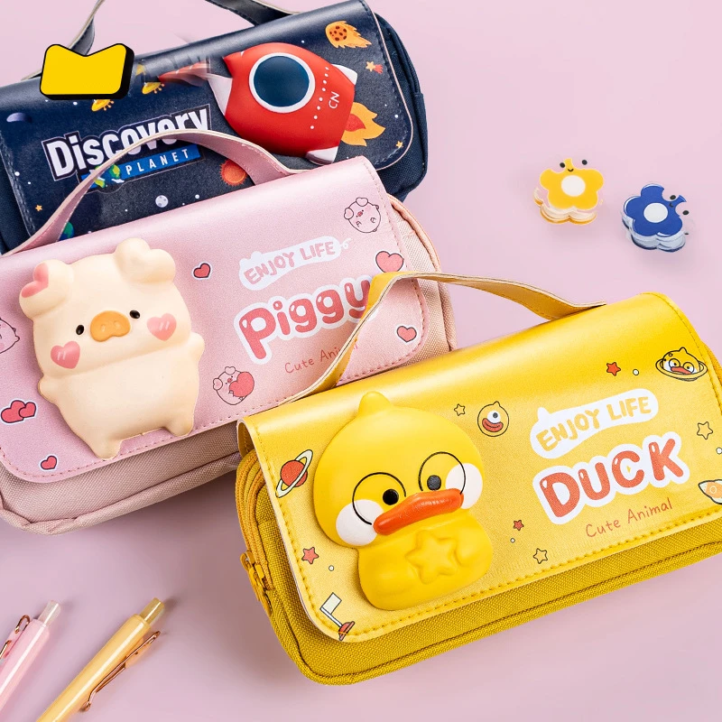 CHEN LIN Large Capacity JiJi Pig Decompression Pencil Case Kawaii Three Layer Pen Pouch Pencil Bag Portable Box Gifts Stationery