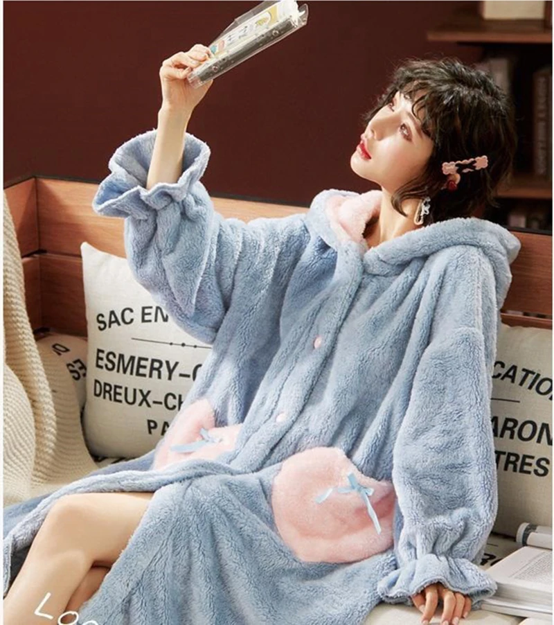 Winter Sweet Warm Nightgowns Womens Girl Cute Long Ear Rabbit Loose Bathrobe Flannel Thicken Soft Plush Robe Ladies Pajama