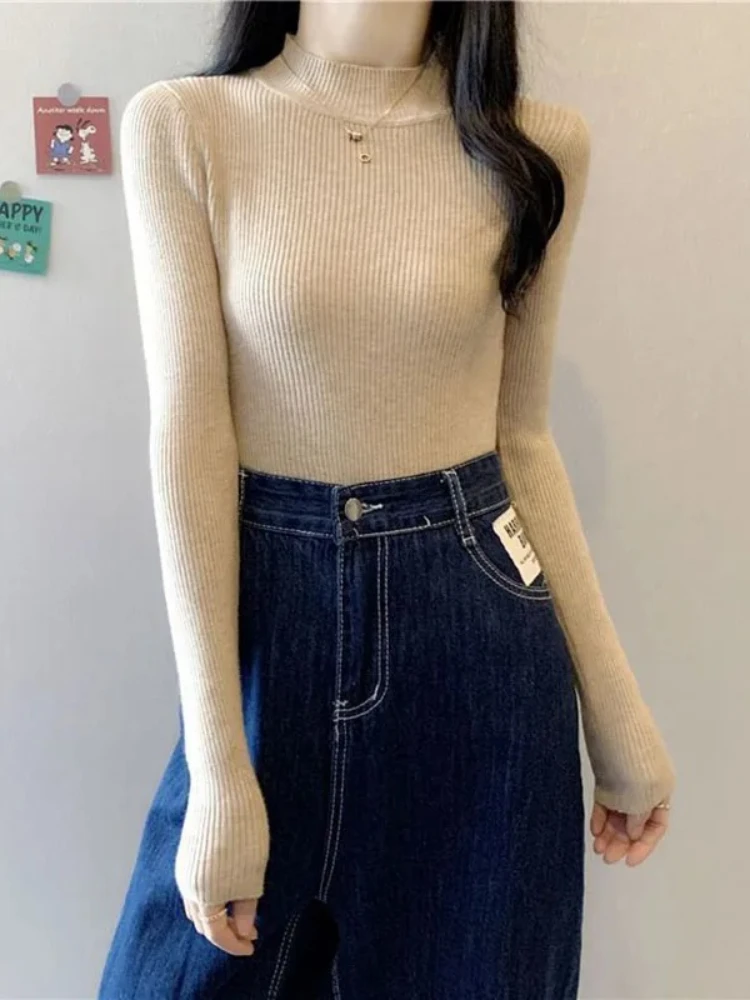 Pull à col roulé pour femme, élastique, Slim, tricoté, basique, mode coréenne, manches longues, bon, nouvelle collection hiver