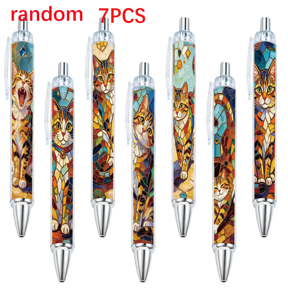 7Pcs Retro Glass Cat-Themed Retractable Ballpoint Pens, Holiday Gift Pens with Random Patterns