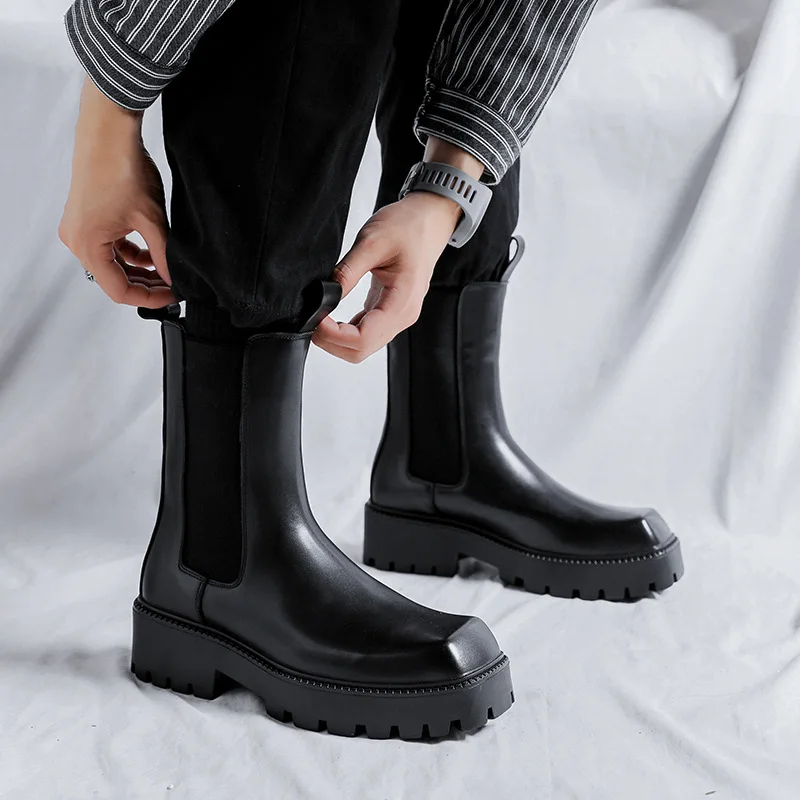 

mens fashion stage nightclub high chelsea boots square toe genuine leather shoes cowboy platform boot cool long motorcycle botas