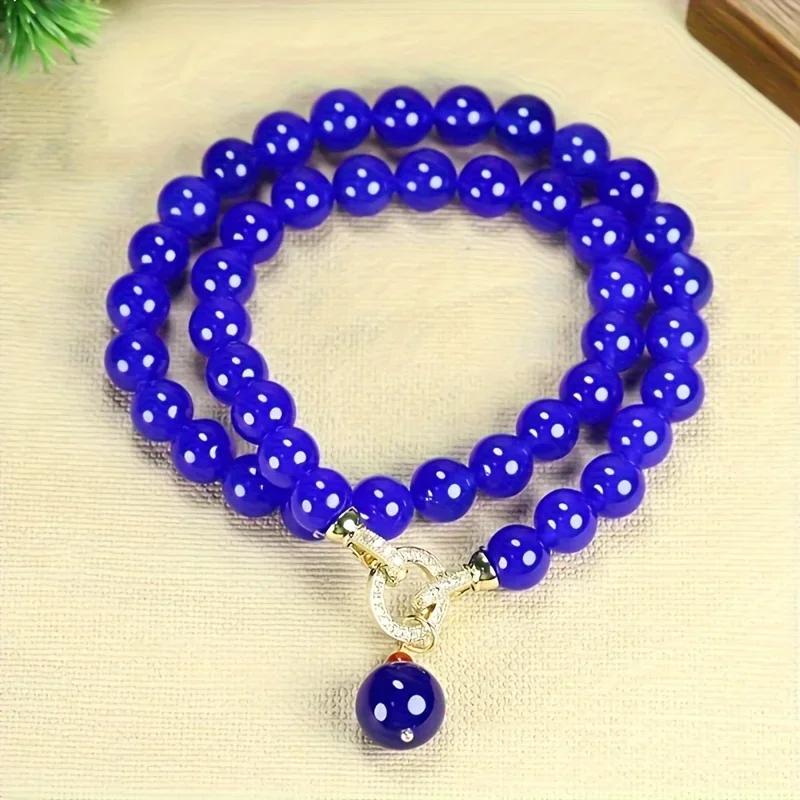 Ladies Elegant Royal Blue Necklace, Stylish Unplated Bead Necklace with Pendant