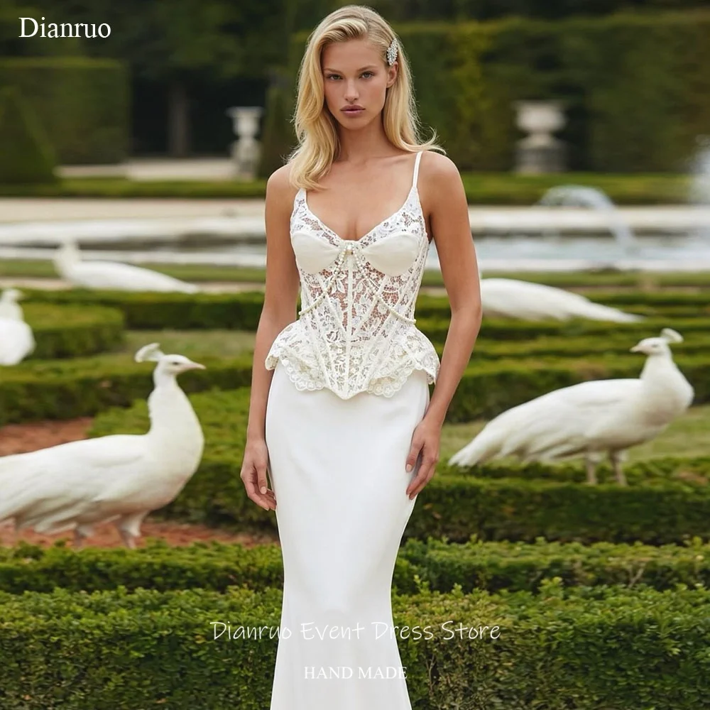 Dianruo Romantic Pearls Lace Wedding Dress Spaghetti Strap Mermaid Vestido Novia Lace Up Back Bridal Robe De Mariée Customized