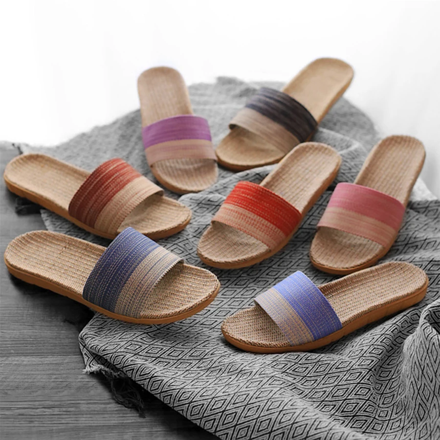 2023 18 Colors Linen Beach Slippers Men Large Size Home Shoes Flip Flops Man Indoor Bathroom Slides Unisex Family Slippers