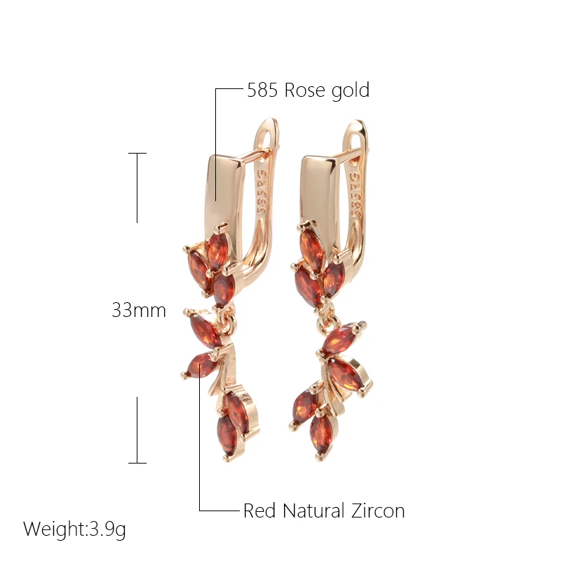 SYOUJYO 585 Rose Gold Color Long Drop Earrings For Women Orange Natural Zircon Bride Wedding Jewelry Vintage Leaf Dangle Earring