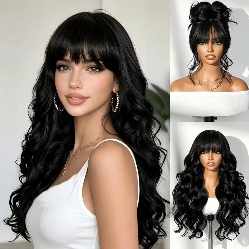 Full head wig with bangs, voluminous wavy long curly hair, heat-resistant synthetic fiber