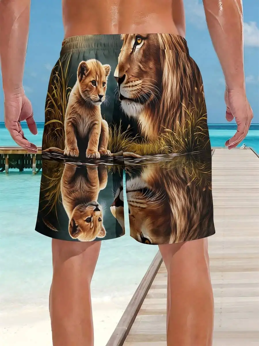 

Mens 3D All-Over Print Lion And Cub Reflection Beach Shorts For Summer Outdoor Activities