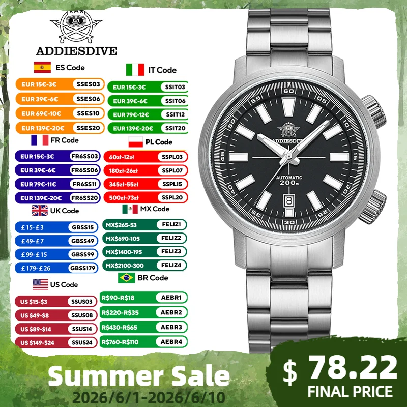 ADDIESDIVE AD2093 Japan Automatic 8215 Movement Men Diving Watch Sapphire Glass 200M Water Resistant Stainless Steel Bracelet